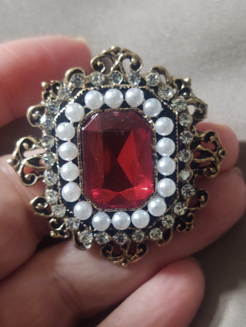 Victorian Style Red Rhinestone Brooch - Picture 2 of 3